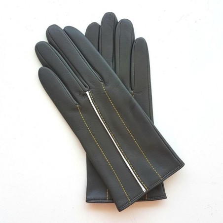 Gants Cuir d'Agneau Gris Jaune Blanc Christine Doublés soie.