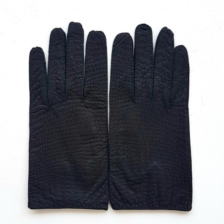 Gants en Cuir d'Autruche et Agneau Ange Noirs Doublés Soie.
