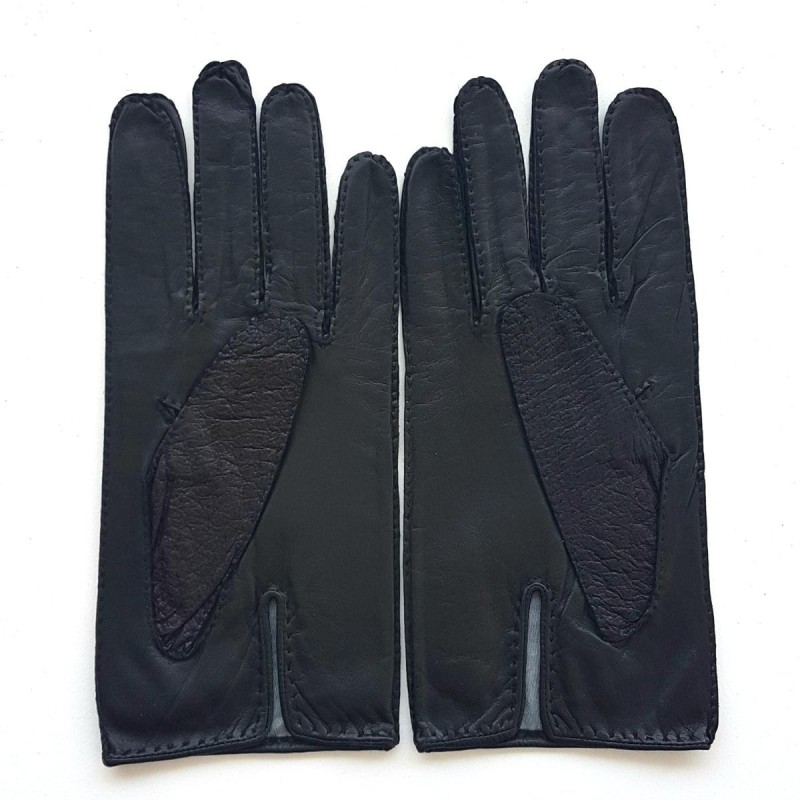 Gants en Cuir d'Autruche et Agneau Ange Noirs Doublés Soie.