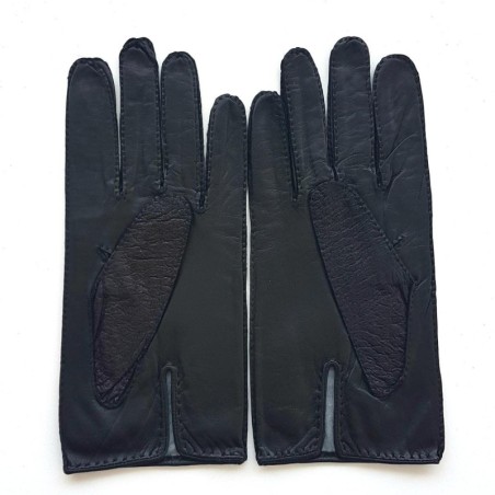 Gants en Cuir d'Autruche et Agneau Ange Noirs Doublés Soie.