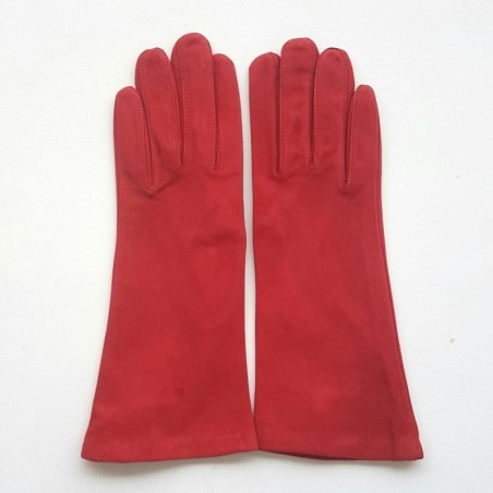 Gant en Cuir Chèvre Velours Rouge Coline Bis Doublés Soie.
