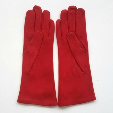 Gant en Cuir Chèvre Velours Rouge Coline Bis Doublés Soie.