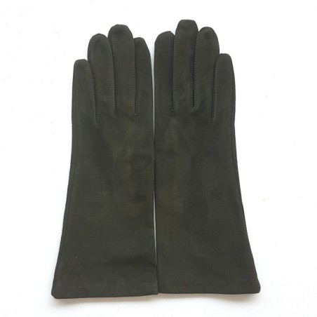 Gant en Cuir Chèvre Velours Kaki Coline Bis Doublés Soie.