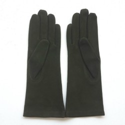 Gant en Cuir Chèvre Velours Kaki Coline Bis Doublés Soie.