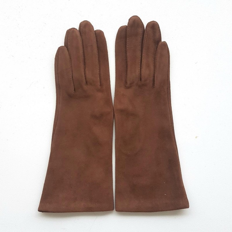 Gant en Cuir Chèvre Velours Chocolat Coline Bis Doublés Soie.