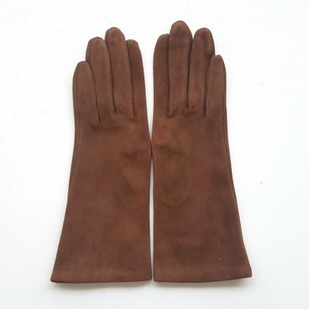 Gant en Cuir Chèvre Velours Chocolat Coline Bis Doublés Soie.