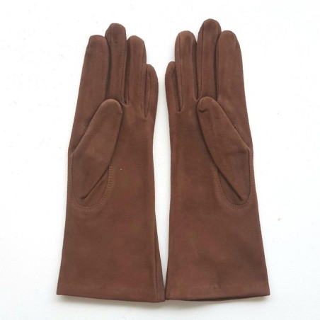 Gant en Cuir Chèvre Velours Chocolat Coline Bis Doublés Soie.