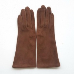 Gant en Cuir Chèvre Velours Chocolat Coline Bis Doublés Soie.