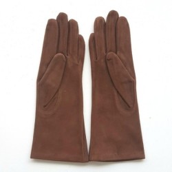 Gant en Cuir Chèvre Velours Chocolat Coline Bis Doublés Soie.
