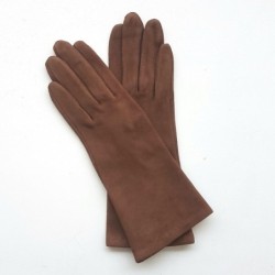 Gant en Cuir Chèvre Velours Chocolat Coline Bis Doublés Soie.