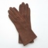 Gant en Cuir Chèvre Velours Chocolat Coline Bis Doublés Soie.