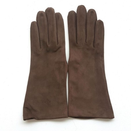 Gant en Cuir Chèvre Velours Taupe Coline Bis Doublés Soie.