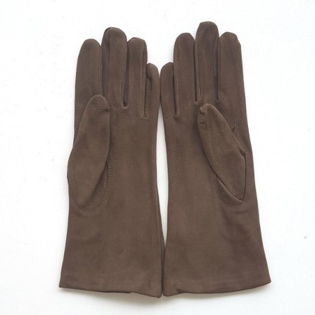 Gant en Cuir Chèvre Velours Taupe Coline Bis Doublés Soie.