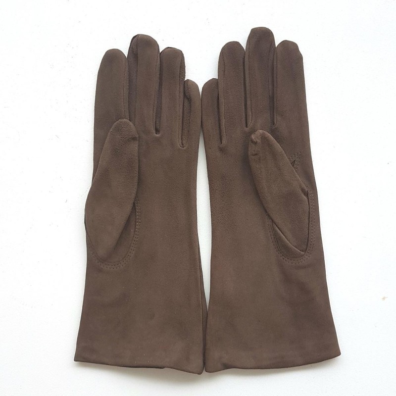 Gant en Cuir Chèvre Velours Taupe Coline Bis Doublés Soie.