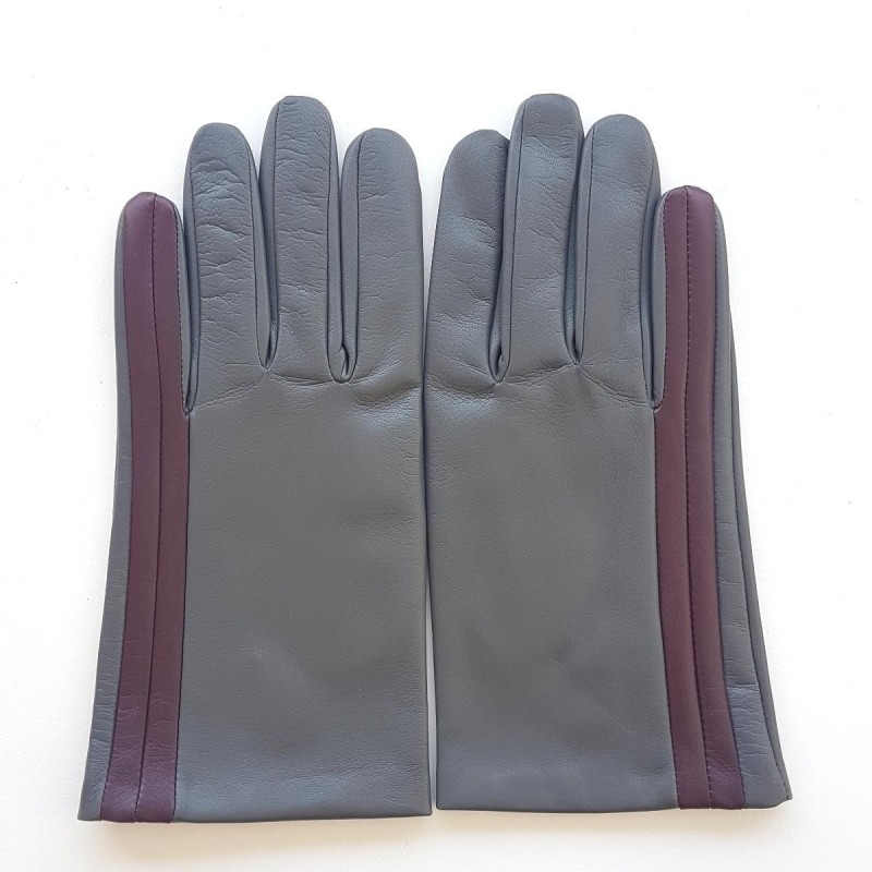 Gants en Cuir d'Agneau Gris Bordeaux Akano Doublés Soie.