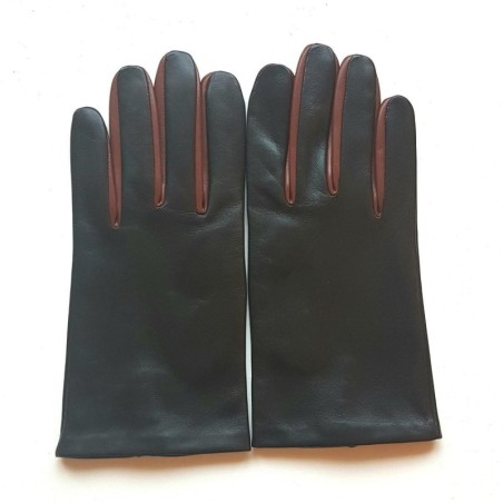 Gants en Cuir d'Agneau Noirs English Tan Twin H Doublés soie