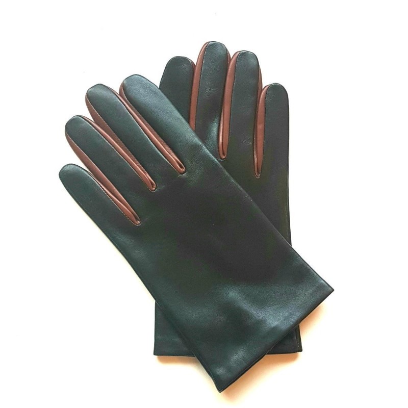 Gants en Cuir d'Agneau Noirs English Tan Twin H Doublés soie