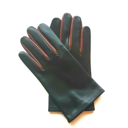 Gants en Cuir d'Agneau Noirs English Tan Twin H Doublés soie