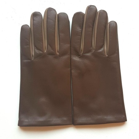 Gants en Cuir d'Agneau Tobacco Argile Twin H Doublés soie.