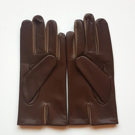Gants en Cuir d'Agneau Tobacco Argile Twin H Doublés soie.