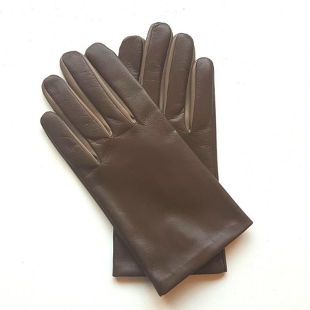 Gants en Cuir d'Agneau Tobacco Argile Twin H Doublés soie.