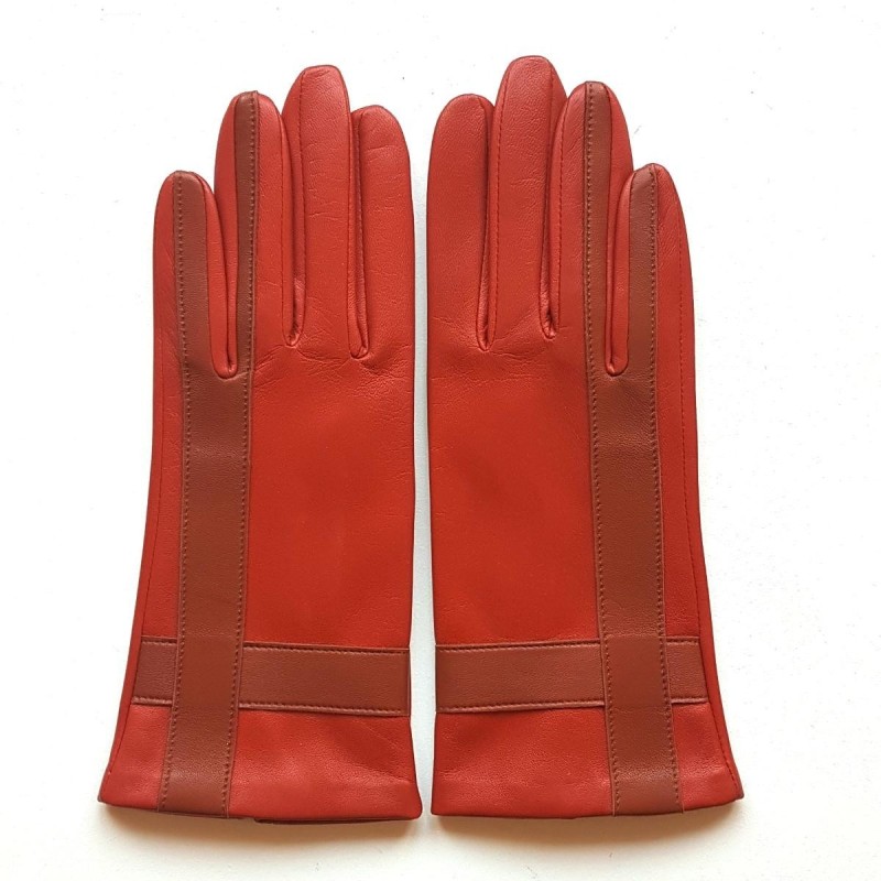 Gants Cuir d'Agneau Chilly Cognac Géométria Doublés soie.