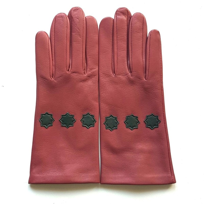 Gants en Cuir d'Agneau Rose Antique Feuille Stea Doublés Soie.