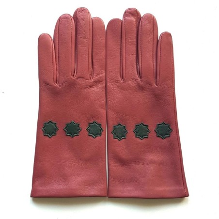 Gants en Cuir d'Agneau Rose Antique Feuille Stea Doublés Soie.
