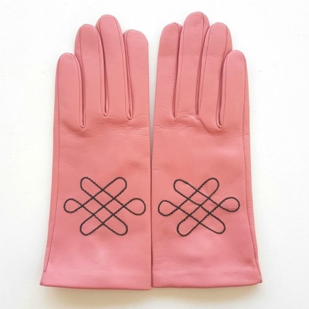 Gants en Cuir d'Agneau Rose Feuile Arabesque Doublés Soie.