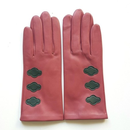 Gants en Cuir d'Agneau Rose Antique Feuille Nuages Doublés Soie.