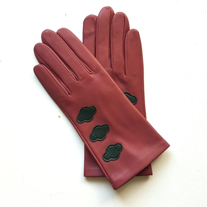 Gants en Cuir d'Agneau Rose Antique Feuille Nuages Doublés Soie.