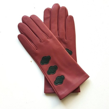 Gants en Cuir d'Agneau Rose Antique Feuille Nuages Doublés Soie.