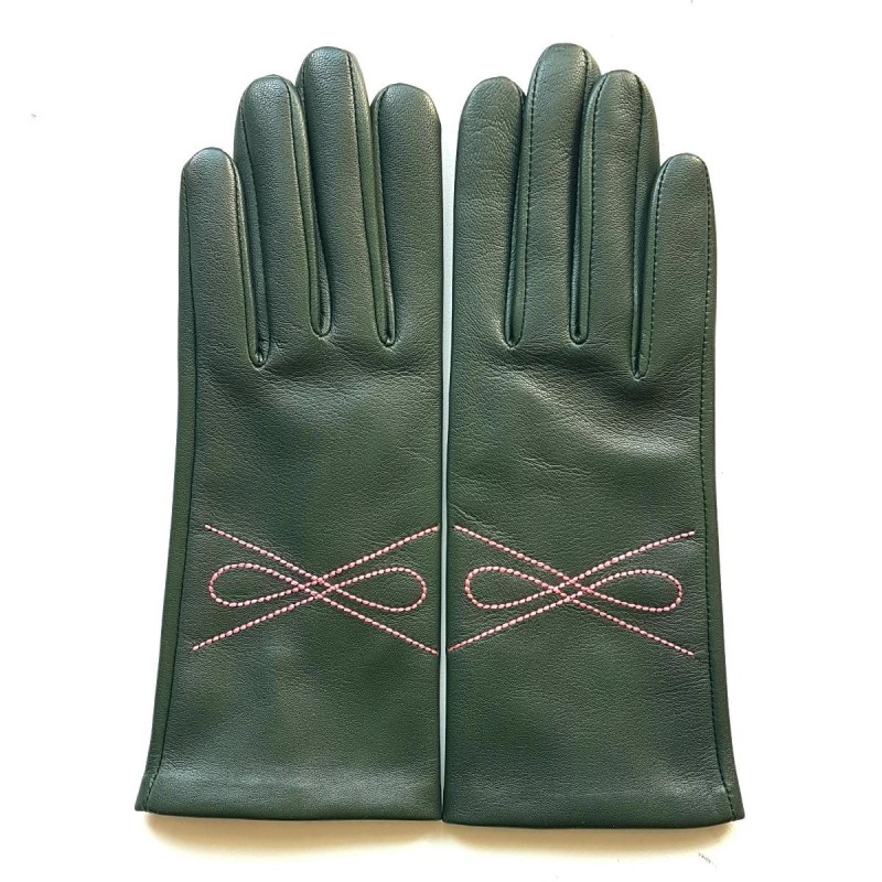 Gants en Cuir d'Agneau Feuille Rose Ornement Doublés Soie.
