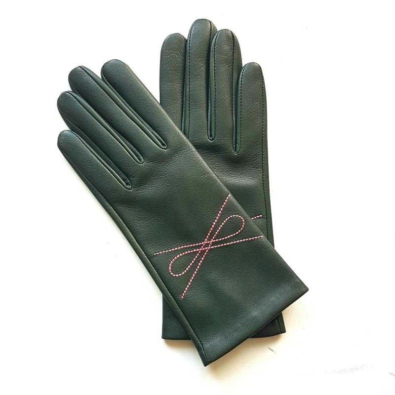 Gants en Cuir d'Agneau Feuille Rose Ornement Doublés Soie.