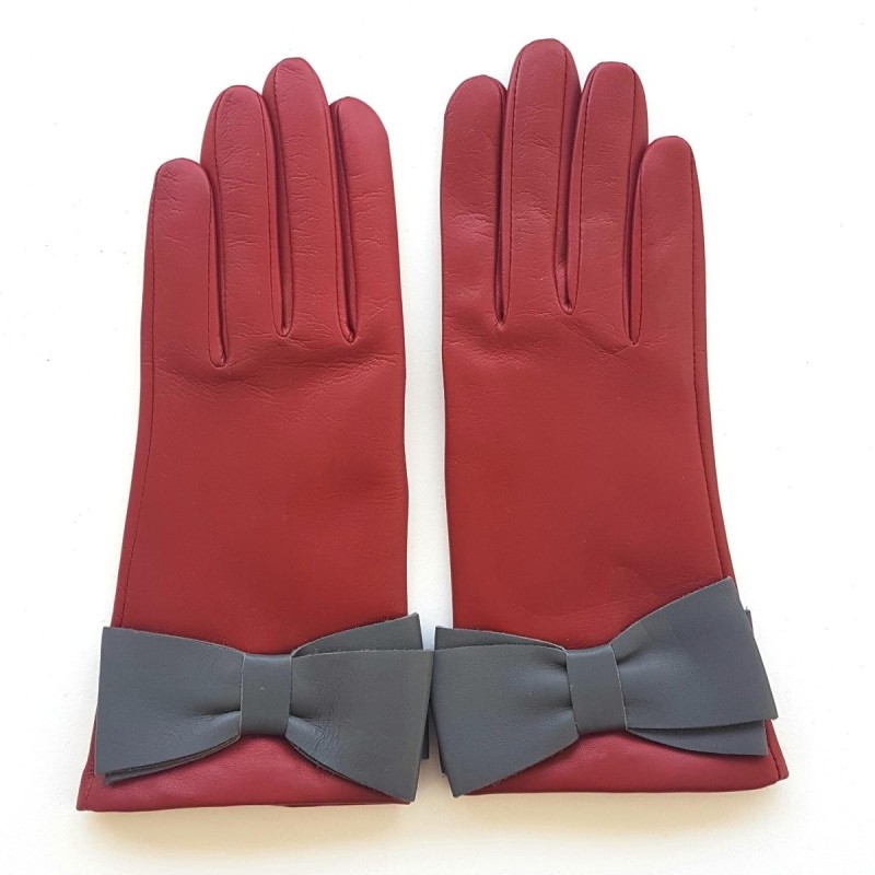 Gants en Cuir d'Agneau Rouges Gris Sayoko Doublés Soie.