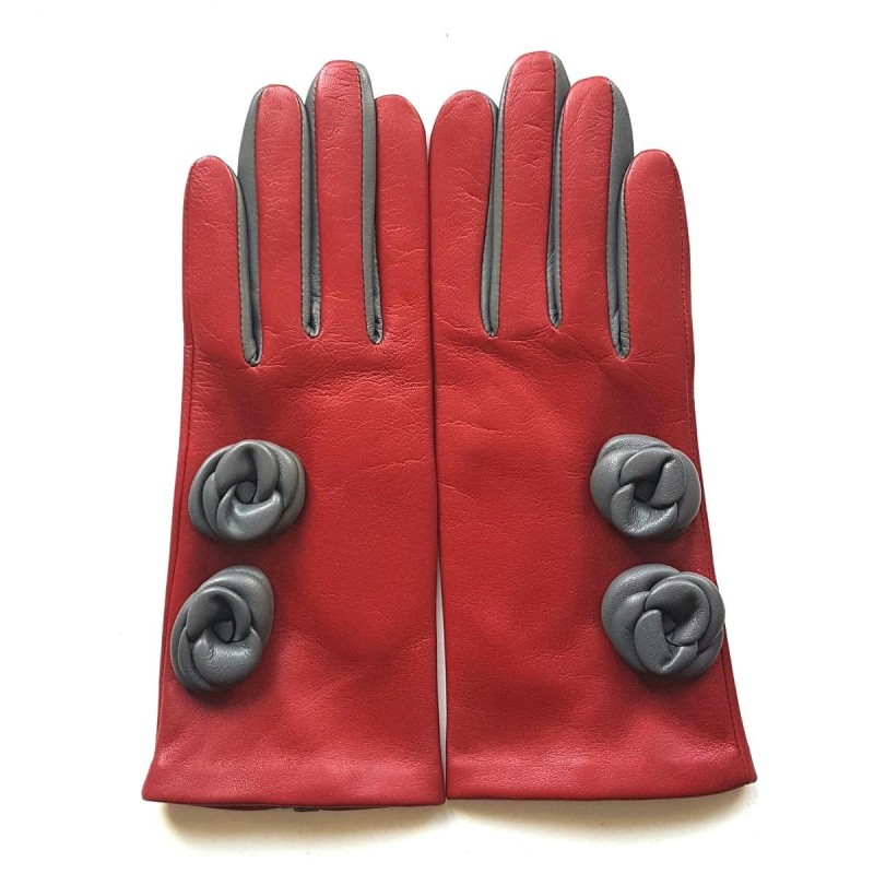 Gants en Cuir d'Agneau Rouges Gris Camelia Doublés Soie.