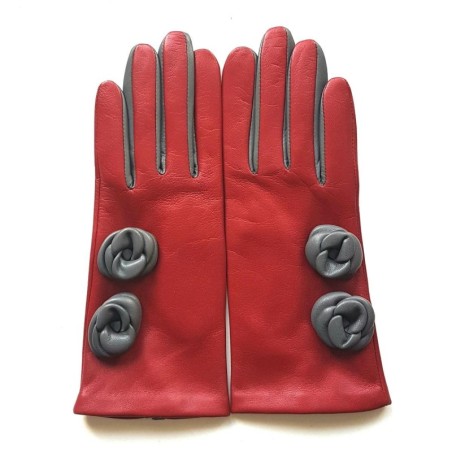Gants en Cuir d'Agneau Rouges Gris Camelia Doublés Soie.