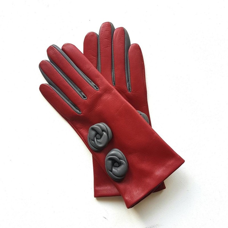 Gants en Cuir d'Agneau Rouges Gris Camelia Doublés Soie.
