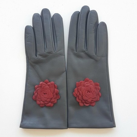 Gants en Cuir d'Agneau Gris Rouges Dahlias Doublés Soie.