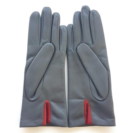 Gants en Cuir d'Agneau Gris Rouges Dahlias Doublés Soie.