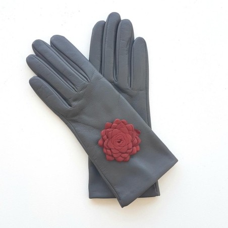 Gants en Cuir d'Agneau Gris Rouges Dahlias Doublés Soie.