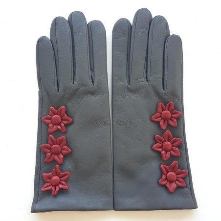 Gants en Cuir d'Agneau Gris Rouges Edelweiss Doublés Soie.