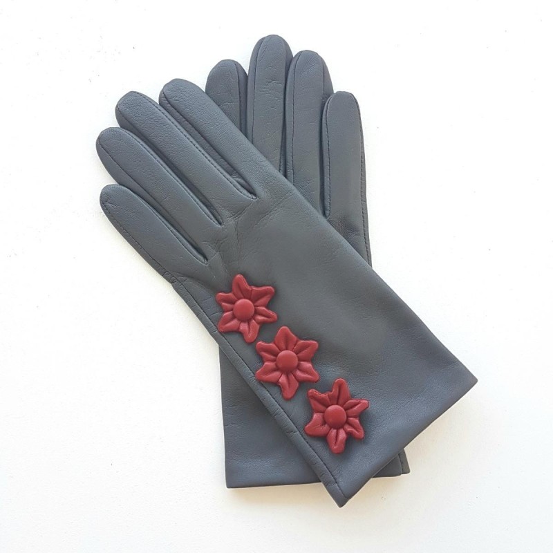 Gants en Cuir d'Agneau Gris Rouges Edelweiss Doublés Soie.