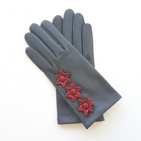 Gants en Cuir d'Agneau Gris Rouges Edelweiss Doublés Soie.