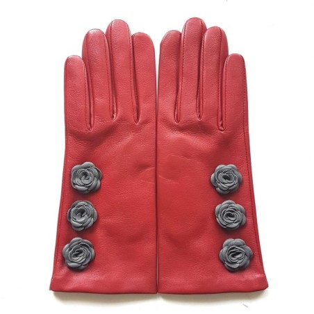 Gants en Cuir d'Agneau Rouges Gris Scabieuse Doublés Soie.