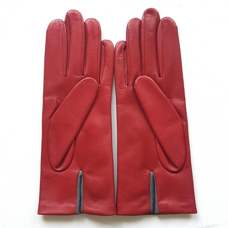 Gants en Cuir d'Agneau Rouges Gris Scabieuse Doublés Soie.
