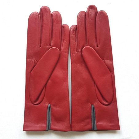 Gants en Cuir d'Agneau Rouges Gris Scabieuse Doublés Soie.