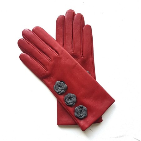 Gants en Cuir d'Agneau Rouges Gris Scabieuse Doublés Soie.