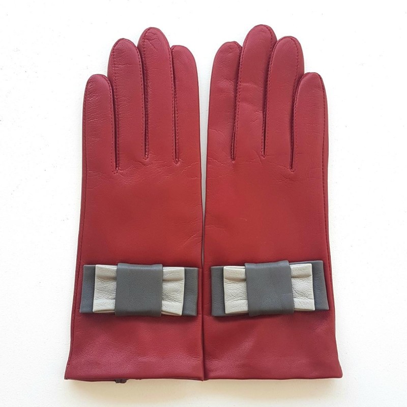 Gants en Cuir d'Agneau Rouges Gris Nellie Doublés Soie.
