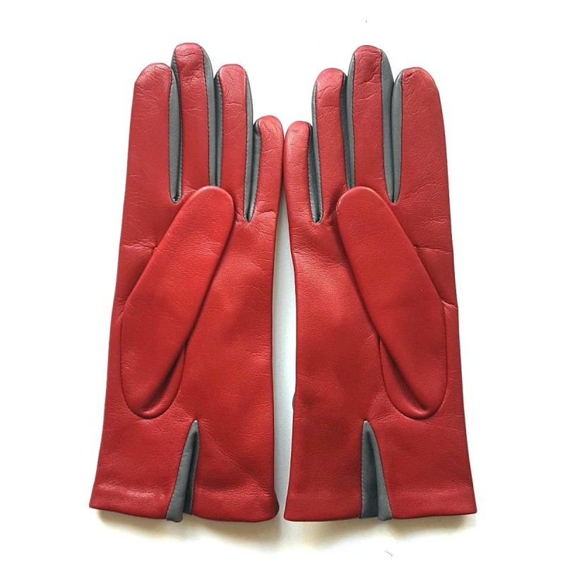 Gants en Cuir d'Agneau Rouges Gris Nellie Doublés Soie.